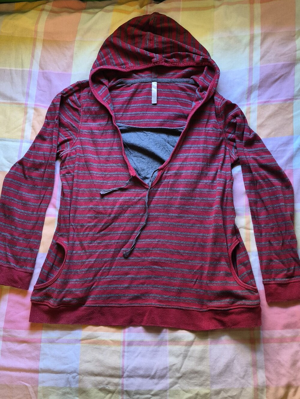 Thyme Maternity Red and Gray Striped Hooded Pullover